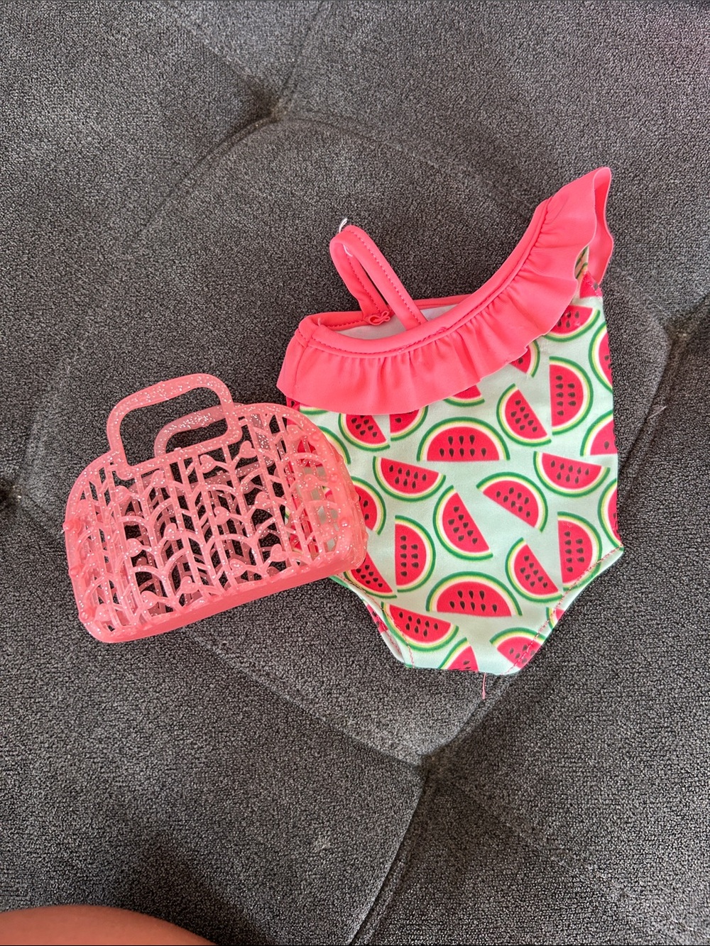 Girls Pink Watermelon Ruffle One-Piece Swimsuit with Pink Jelly Purse